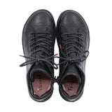 A pair of black leather lace-up ankle boots shown from a top-down view on a solid white background. The brand name 'Think!' is printed on the pinkish-brown insoles.