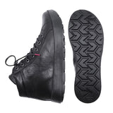 A pair of black leather lace-up boots shown from the side and from the bottom, displaying the treaded outsole against a plain white background.