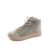 A light gray suede lace-up ankle boot with a beige sole and lining, shown from a three-quarters angle on a white background.