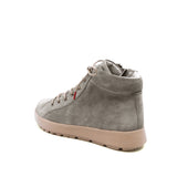 A single mid-calf sneaker boot in gray suede with a beige sole and laces, shown from a three-quarters rear angle on a white background.
