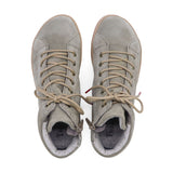 A pair of THINK! light gray suede ankle boots with beige laces and a gray interior lining, shown from a top-down view on a white background.