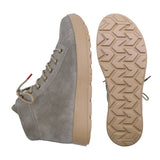 A pair of THINK! gray suede high-top sneakers shown from the side and bottom angles, featuring beige laces and a thick tan sole, on a solid white background.