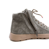 A gray suede high-top sneaker boot with a side zipper, lace-up front, and a tan sole, shown on a white background.