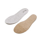 Two shoe replacement insoles, one in light gray wool and one in natural cork, with the brand name 'Think!' printed on the gray insole.