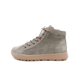 A single gray suede high-top sneaker boot with beige laces and a beige sole, shown from the side on a white background.