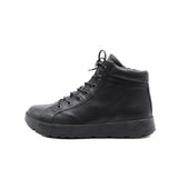 A single black leather lace-up ankle boot with a chunky black sole, shown in a side profile view against a plain white background.