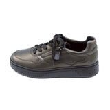 Gray shoe with black laces on a white background
