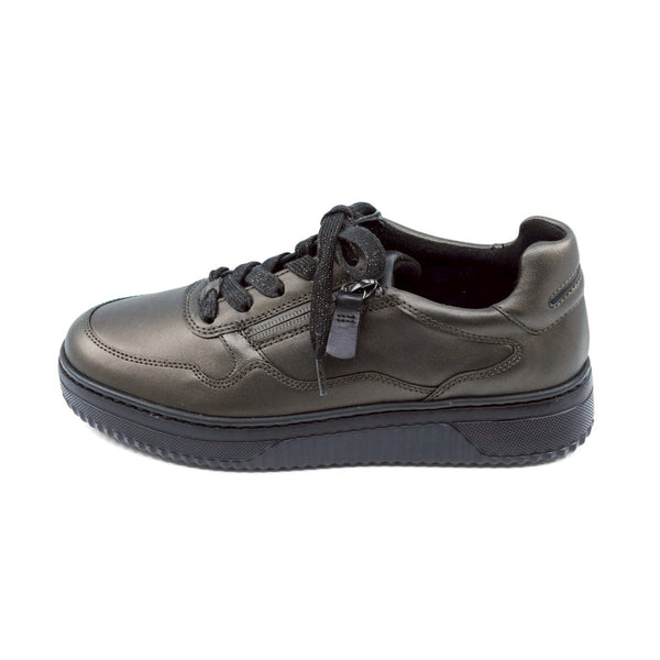 Gray shoe with black laces on a white background
