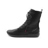 A black leather lace-up ankle boot with a low wedge heel, shown in a side profile on a white background.