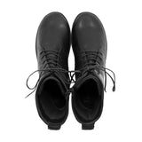 A pair of black leather lace-up ankle boots shown from a top-down view on a plain white background.