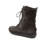A dark brown suede lace-up ankle boot with a wedge heel, shown from a three-quarters rear angle on a white background.