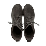 A pair of dark gray suede lace-up ankle boots shown from a top-down view on a solid white background.