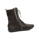 A dark brown suede ankle boot with a side zipper, lace-up front, and wedge heel, shown from a side profile on a white background.
