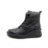 A single black leather lace-up ankle boot with a chunky wedge sole, shown in a side profile on a white background.