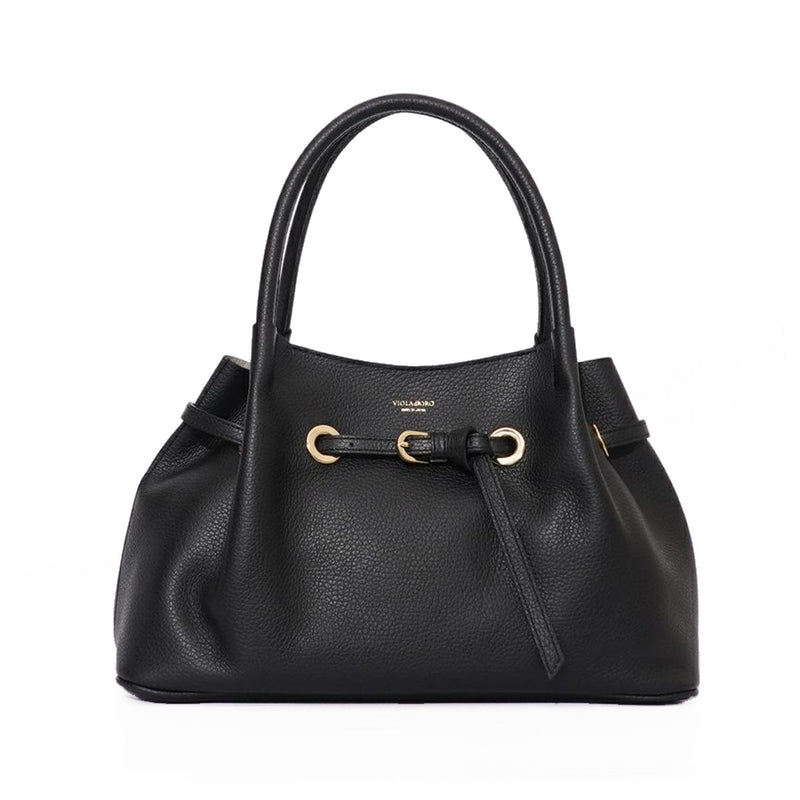 Black handbag with gold accents on a white background